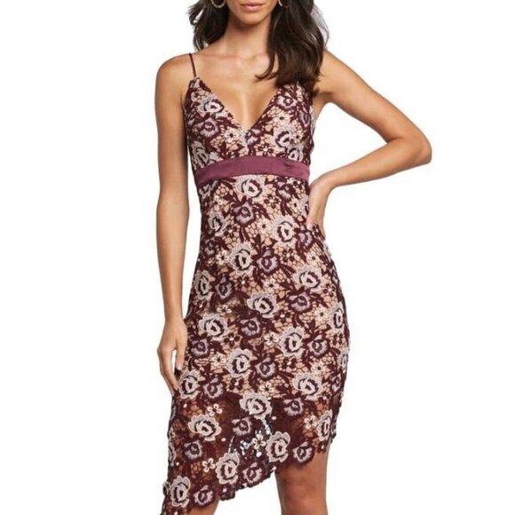 Elegant Floral Lace Dress in Burgundy and Cream - Picture 1 of 7
